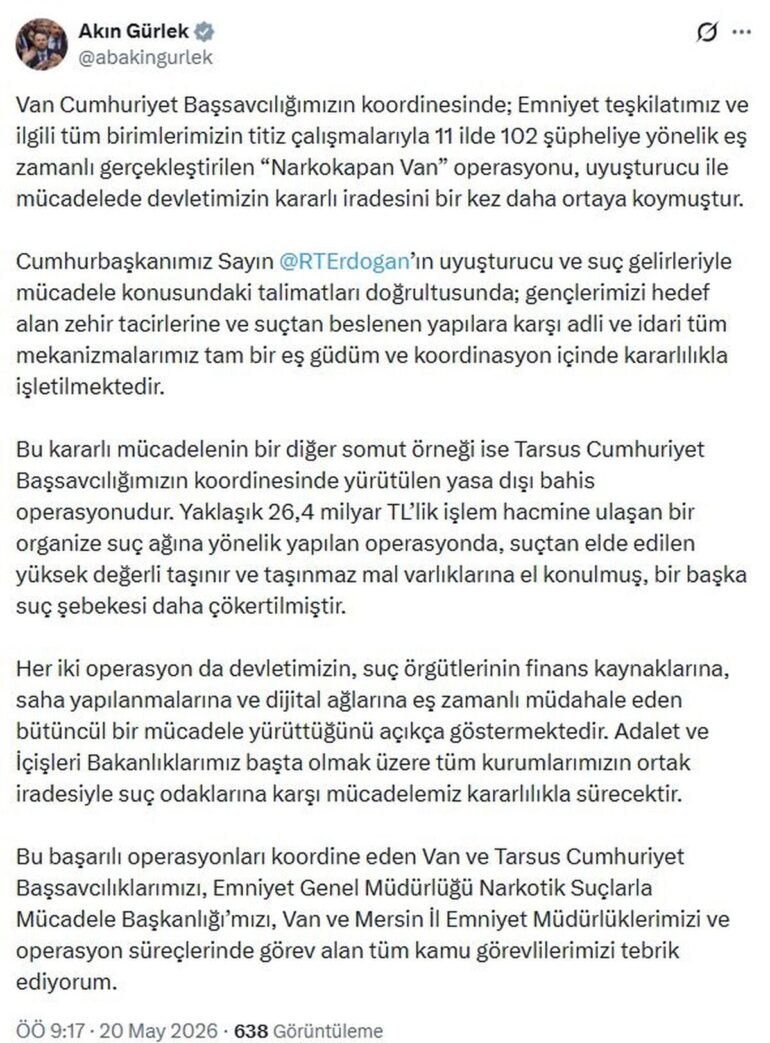 Adalet Bakanı Gürlek: Suç Örgütleriyle Mücadele Kararlılıkla Devam Edecek
