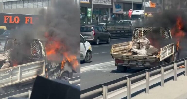 Seyir Halindeyken Yangın Çıkan Kamyonet, İstanbul’da Panik Yarattı
